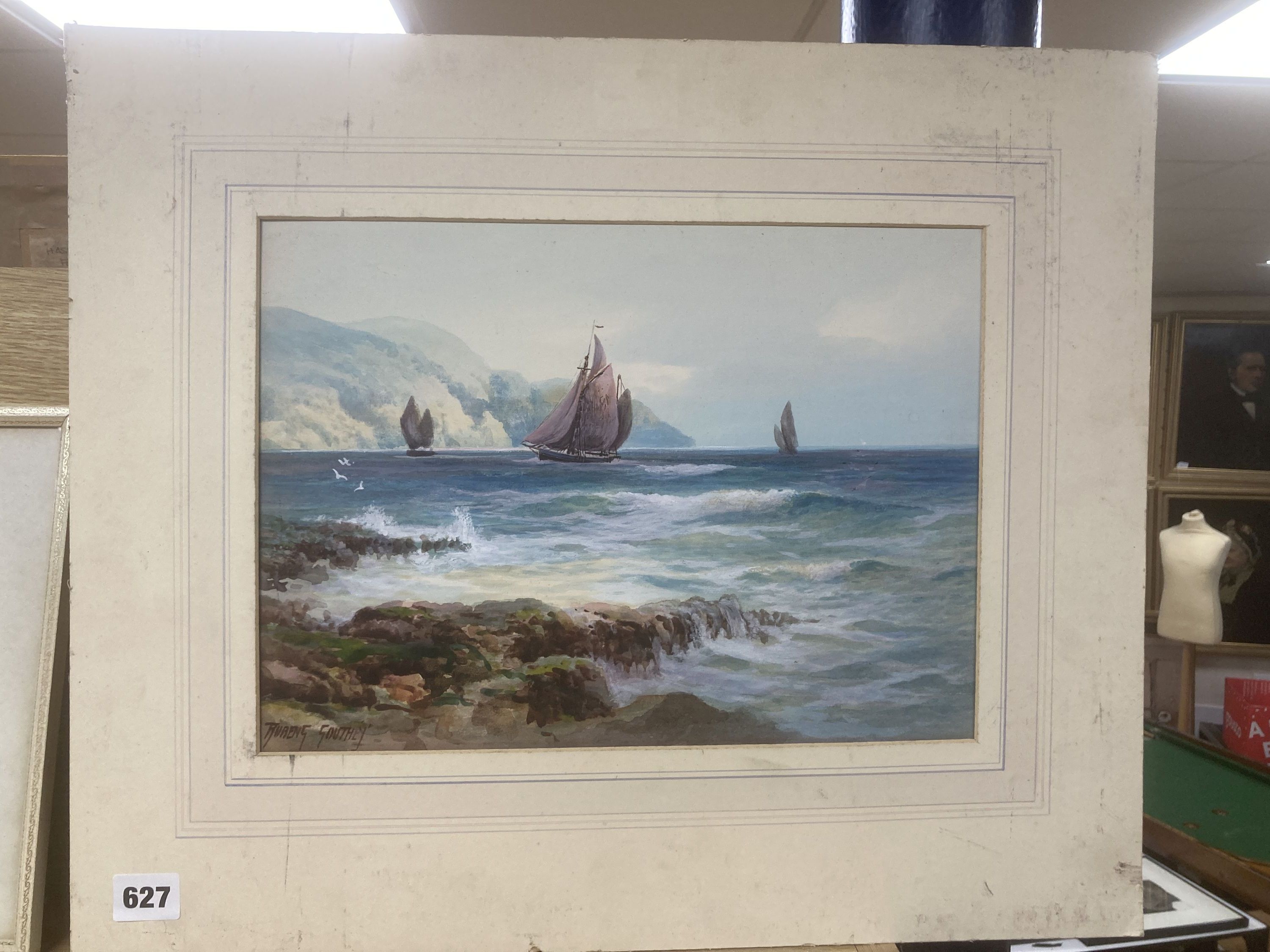 Rubens Southey (1881-1933), watercolour, Fishing boats along the coast, signed, 25 x 35cm, unframed